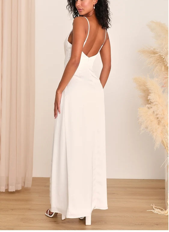 White Spaghetti Strap Satin Backless Column Maxi Dress Wedding Dress With Slit