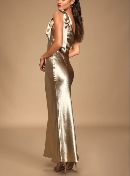 Gold Satin One-Shoulder Tie-Strap Sheath Maxi Dress Evening Dresses