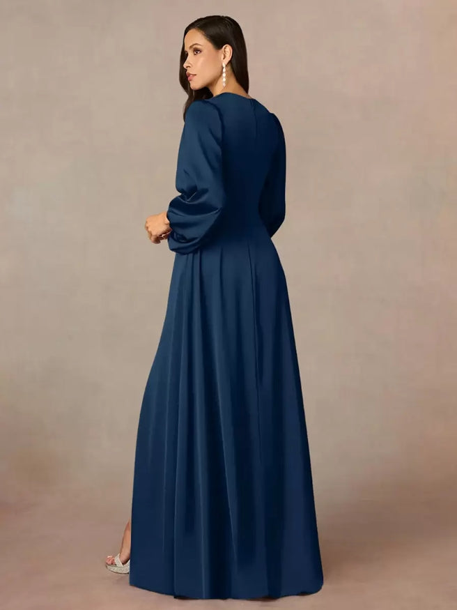 V-Neck 3/4 Length Sleeves A-Line Pleated Floor-Length Wedding Guest Dresses Mother of the Bride Dresse