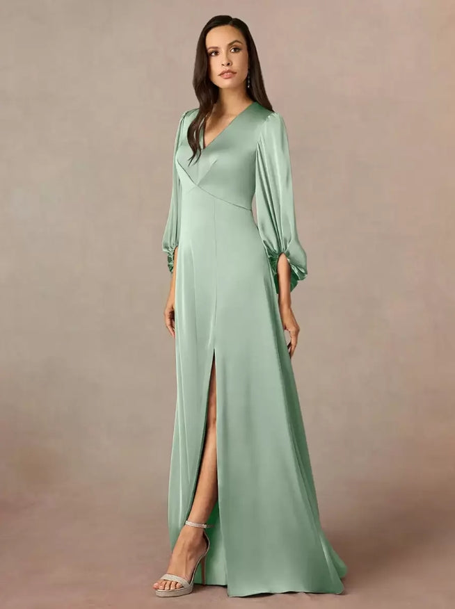 V-Neck 3/4 Length Sleeves A-Line Pleated Floor-Length Wedding Guest Dresses Mother of the Bride Dresse