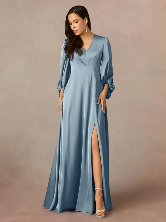 V-Neck 3/4 Length Sleeves A-Line Pleated Floor-Length Wedding Guest Dresses Mother of the Bride Dresse