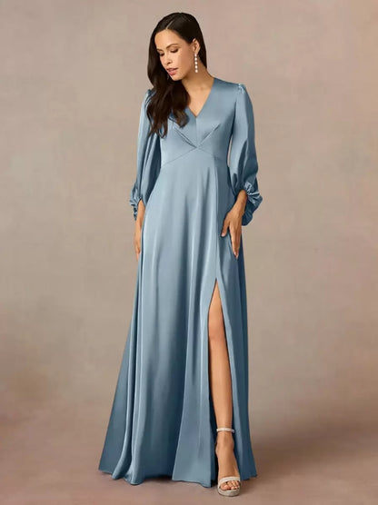 V-Neck 3/4 Length Sleeves A-Line Pleated Floor-Length Wedding Guest Dresses Mother of the Bride Dresse