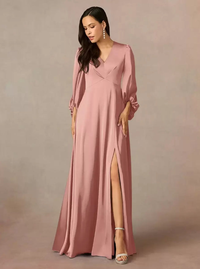 V-Neck 3/4 Length Sleeves A-Line Pleated Floor-Length Wedding Guest Dresses Mother of the Bride Dresse