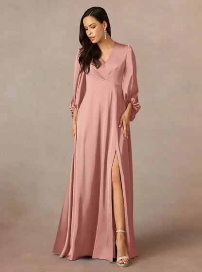 V-Neck 3/4 Length Sleeves A-Line Pleated Floor-Length Wedding Guest Dresses Mother of the Bride Dresse