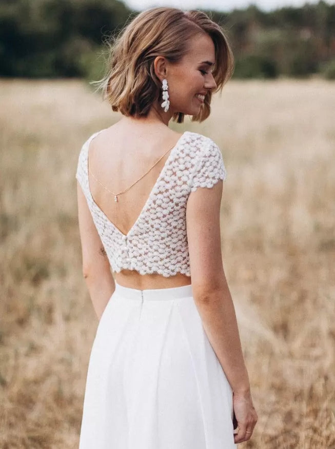 A-Line Two-piece Wedding Dress Lace Lace V-Neck Floor-Length Backless Short Sleeves Ivory