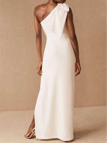 Simple Causal Wedding Dress Sheath One Shoulder Sleeveless Bows Bridal Gowns With Slit