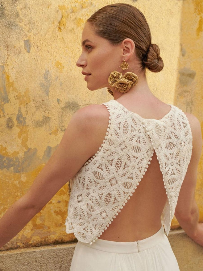 Ivory Two-piece Wedding Dress Split Front Jewel Neck A-Line With Train Backless Sleeveless Bridal Sets