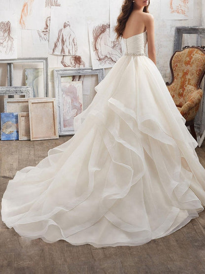 Wedding Dresses A-Line Princess Ball Gown Sweet Heart Sleeveless Floor Length Asymmetry Hem Tulle Bridal Gown