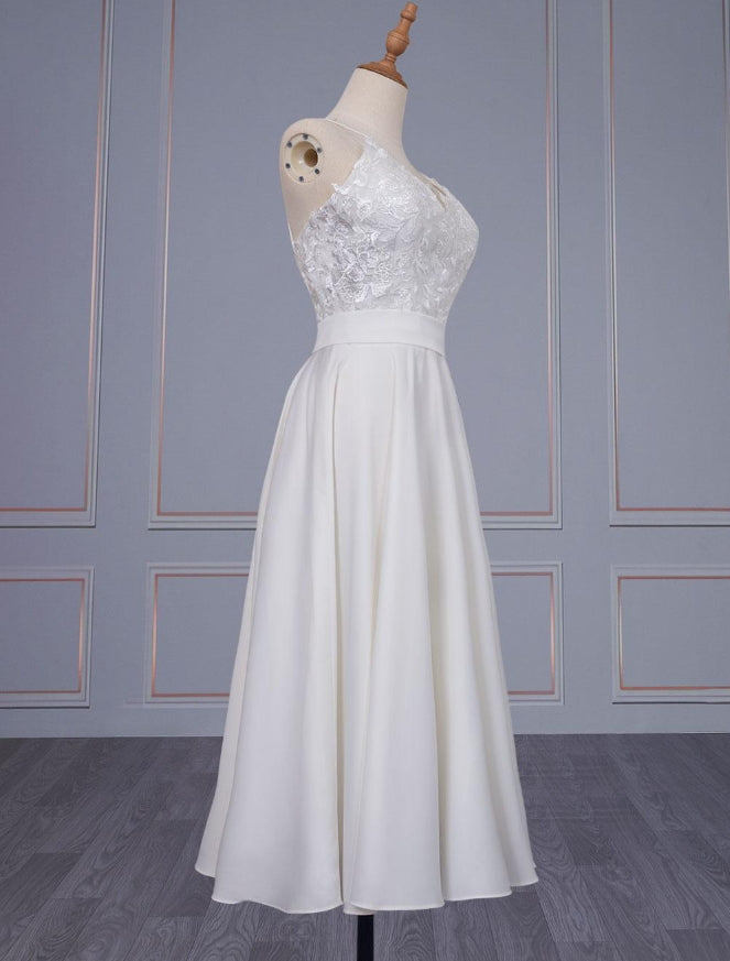 Short Wedding Dress V Neck Sleeveless A Line Tea Length Straps Bridal Gowns