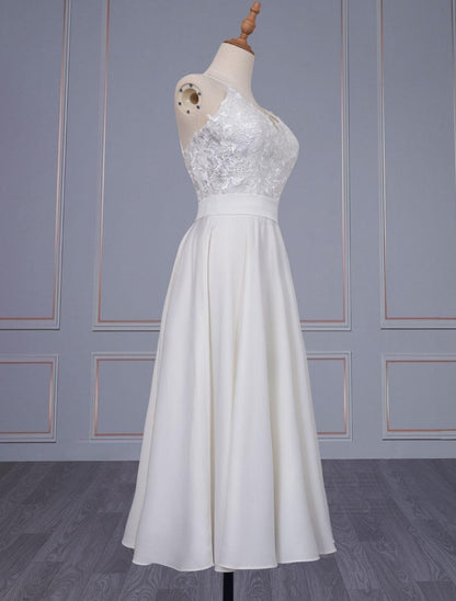 Short Wedding Dress V Neck Sleeveless A Line Tea Length Straps Bridal Gowns