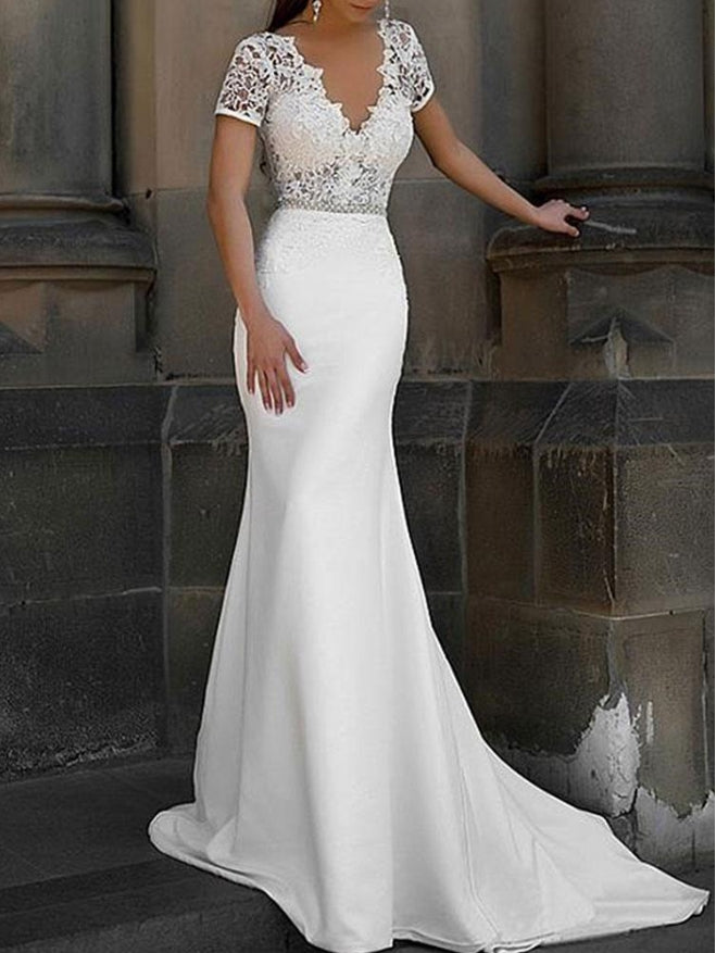 Simple Wedding Dress Mermaid Lace V Neck Short Sleeves Beaded Sash Bridal Dresses With Train