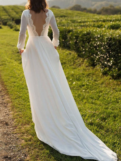 Simple Wedding Dress Lycra Spandex Bateau Neck Long Sleeves Lace A Line Bridal Gown