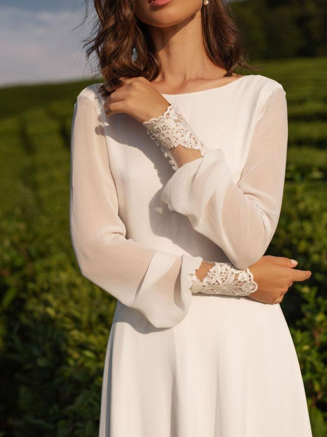 Simple Wedding Dress Lycra Spandex Bateau Neck Long Sleeves Lace A Line Bridal Gown