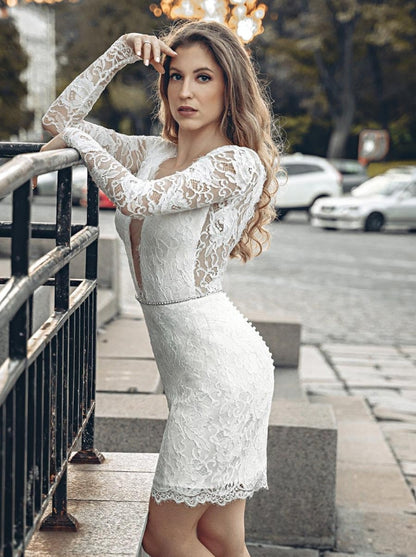 Short Wedding Dress V-Neck Long Sleeves Short Knee-Length Bridal Dresses