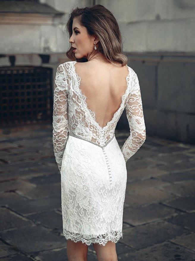 Short Wedding Dress V-Neck Long Sleeves Short Knee-Length Bridal Dresses