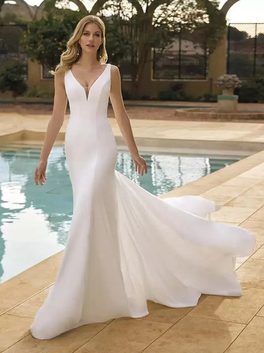 Wedding Dress V-Neck Sleeveless With Train Bridal Mermaid Dress Bride Gown