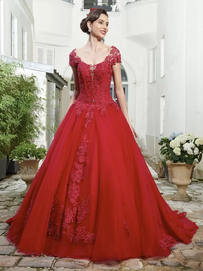 Red Wedding Dresses Tulle Bridal Gown Applique Short Sleeves A-Line Ball Gown
