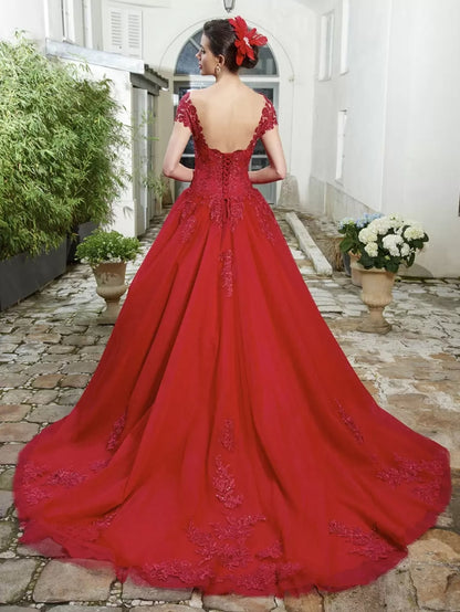 Red Wedding Dresses Tulle Bridal Gown Applique Short Sleeves A-Line Ball Gown