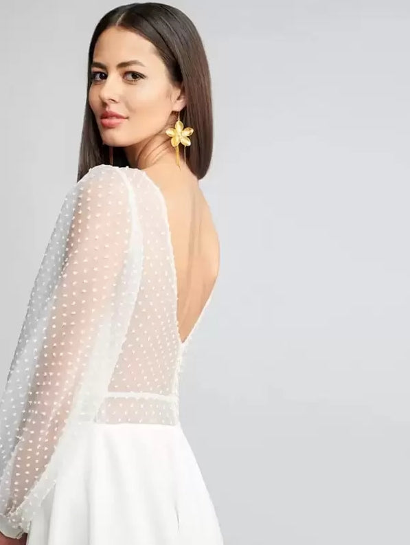 Short A-Line Wedding Dresses Short V-Neck Long Sleeves Short Tulle Short Bridal Dress