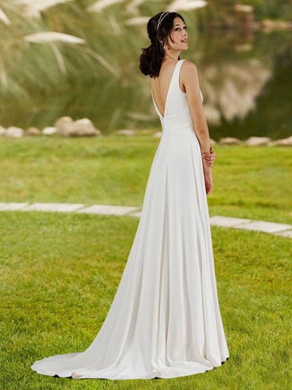 Ivory Simple Wedding Dress A-Line V-Neck Sleeveless Buttons Bridal Dresses