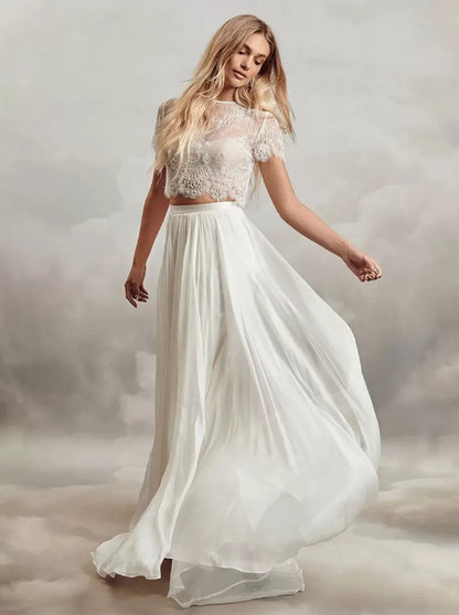 Ivory Two-piece Wedding Dress Lace Jewel Neck A-Line With Train Short Sleeves Bridal Dress