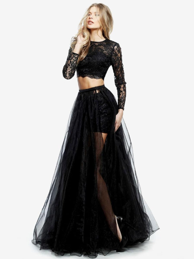 Black Wedding Dresses Two-piece Long Sleeves Lace Tulle With Train Bridal Dress