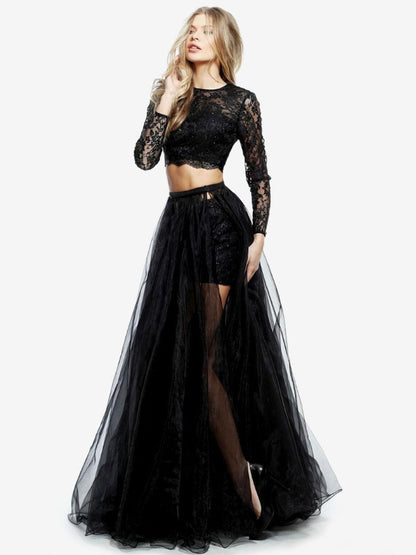 Black Wedding Dresses Two-piece Long Sleeves Lace Tulle With Train Bridal Dress