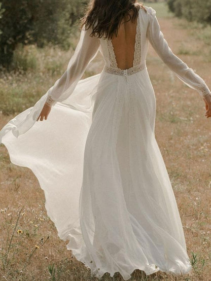 Ivory Simple Wedding Dress V Neck Long Sleeves Split Front A-Line Bridal Gowns