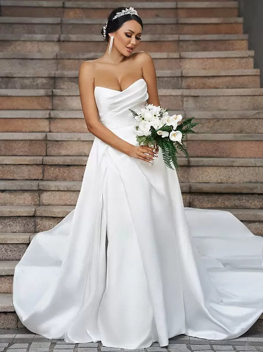 Wedding Dress Satin Strapless Sweetheart Neck Sleeveless A-Line Bridal Gowns Ballgown