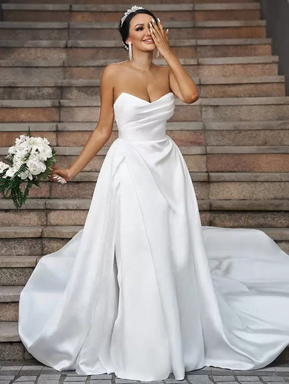 Wedding Dress Satin Strapless Sweetheart Neck Sleeveless A-Line Bridal Gowns Ballgown