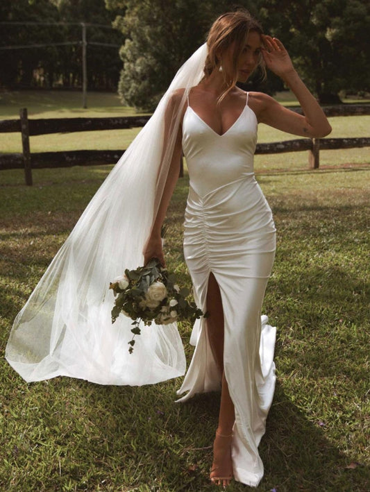 Simple Wedding Dress Mermaid V-Neck Sleeveless Pleated Bridal Dresses With Slit