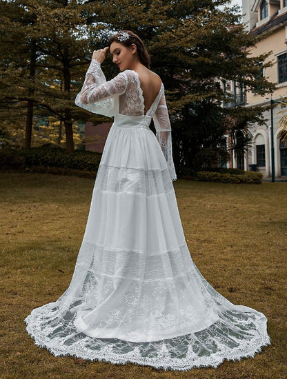 Bridal Gowns Boho Wedding Dress Long Sleeves Lace V-Neck Lace Chiffon Wedding Gowns