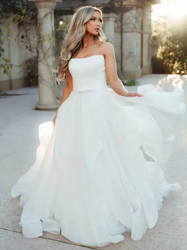 Simple Wedding Dress Satin Fabric Strapless Sleeveless Sash A-Line Bridal Dresses