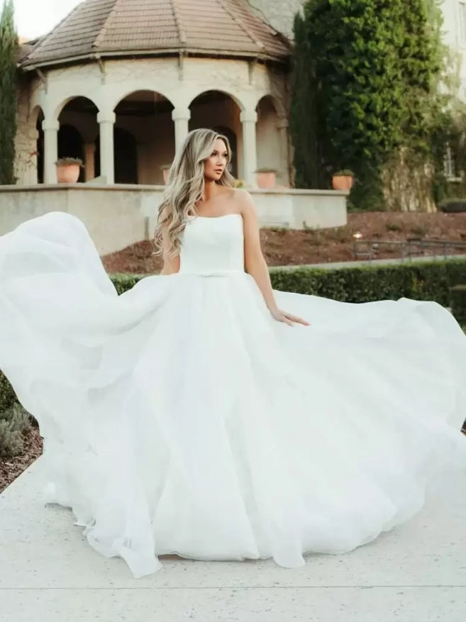 Simple Wedding Dress Satin Fabric Strapless Sleeveless Sash A-Line Bridal Dresses