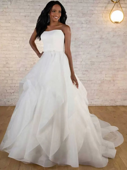 Simple Wedding Dress Satin Fabric Strapless Sleeveless Sash A-Line Bridal Dresses