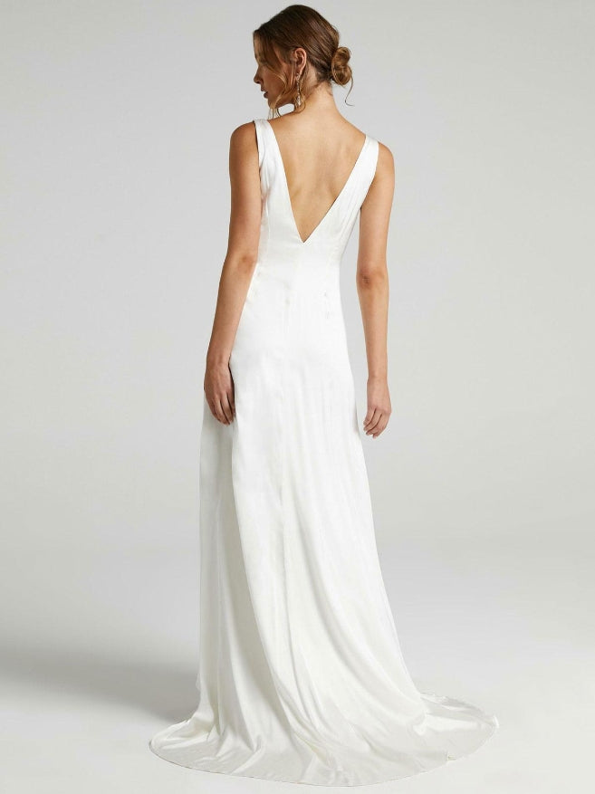 White Simple Wedding Dress A-Line V-Neck Sleeveless Backless Chiffon Bridal Dresses