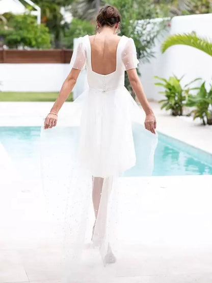 Short Wedding Dress Short Square Neck Short Sleeves Short Natural Waist Satin Bridal Gowns Cocktail Dresses