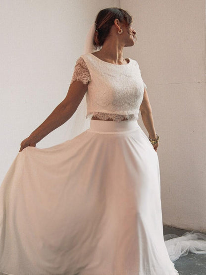 Ivory Two-piece Wedding Dress Jewel Neck A-Line With Train Short Sleeves Bridal Dress