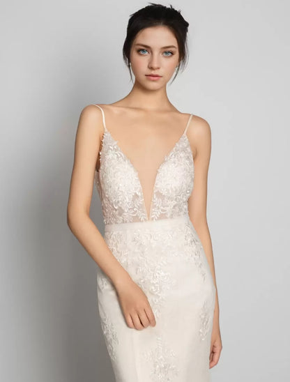 Nude Beach Mermaid Wedding Dresses Sleeveless V-Neck Lace Bridal Dresses