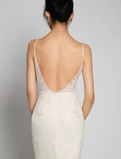 Nude Beach Mermaid Wedding Dresses Sleeveless V-Neck Lace Bridal Dresses