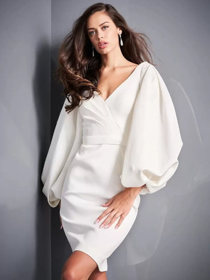 Short Wedding Dress Pleated V-Neck Long Sleeves Short Bridal Dresses