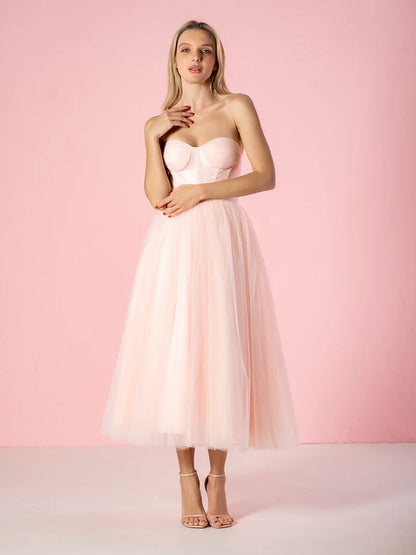 Cute A-Line Strapless Puffy Midi Tulle Dress Prom Dress