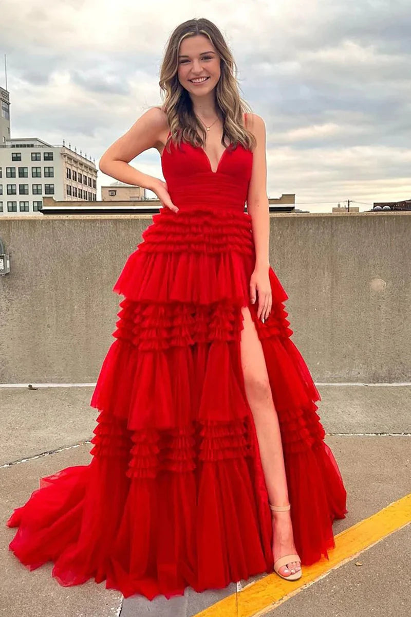 Red Tulle Deep V Neck Spaghetti Straps Long Prom Dress
