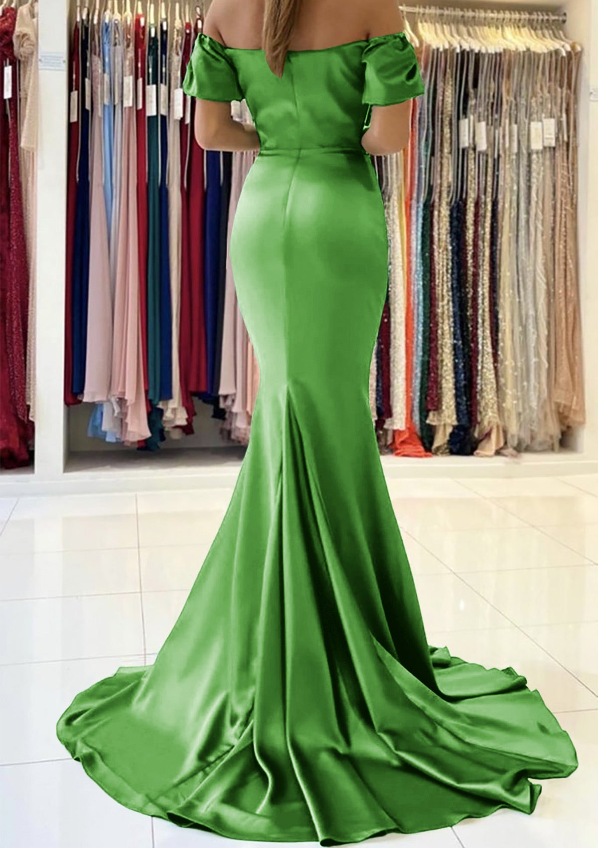 Mermaid Off-the-Shoulder Satin Sweep Train Prom Dress With Pleated