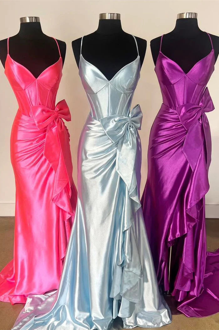 Straps V-Neck Satin Mermaid Backless Prom Dress with Bow