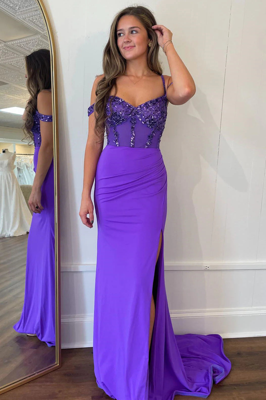 Mermaid Cold Sleeves Sequin Top Long Prom Dress With Slit