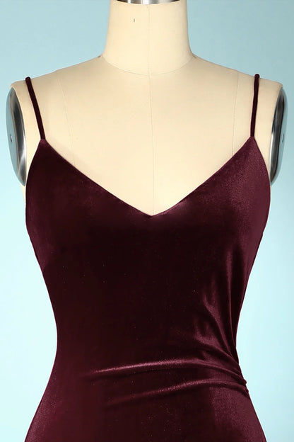 Burgundy Velvet Spaghetti Strap Floor-length Evening Prom Dress