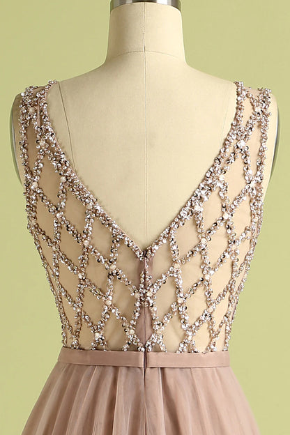 A-Line Princess Tulle Beading Prom Dress Evening Dress