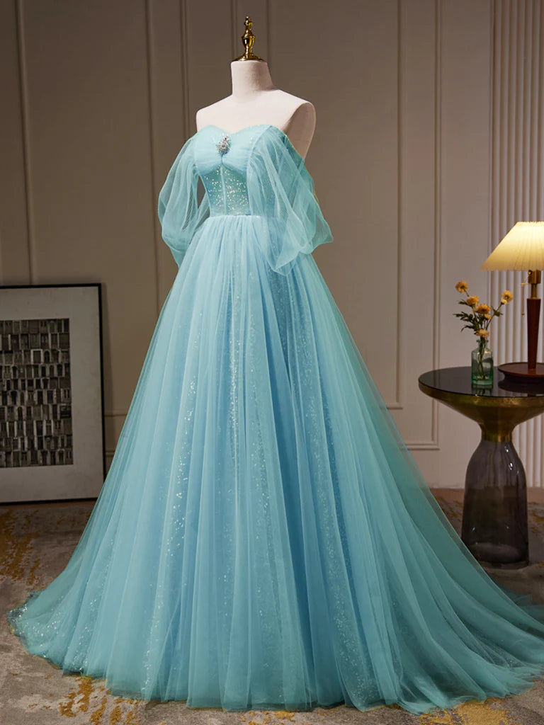 Sequins/Sparkling A-Line Off Shoulder Tulle Blue Long Prom Dress Evening Dress