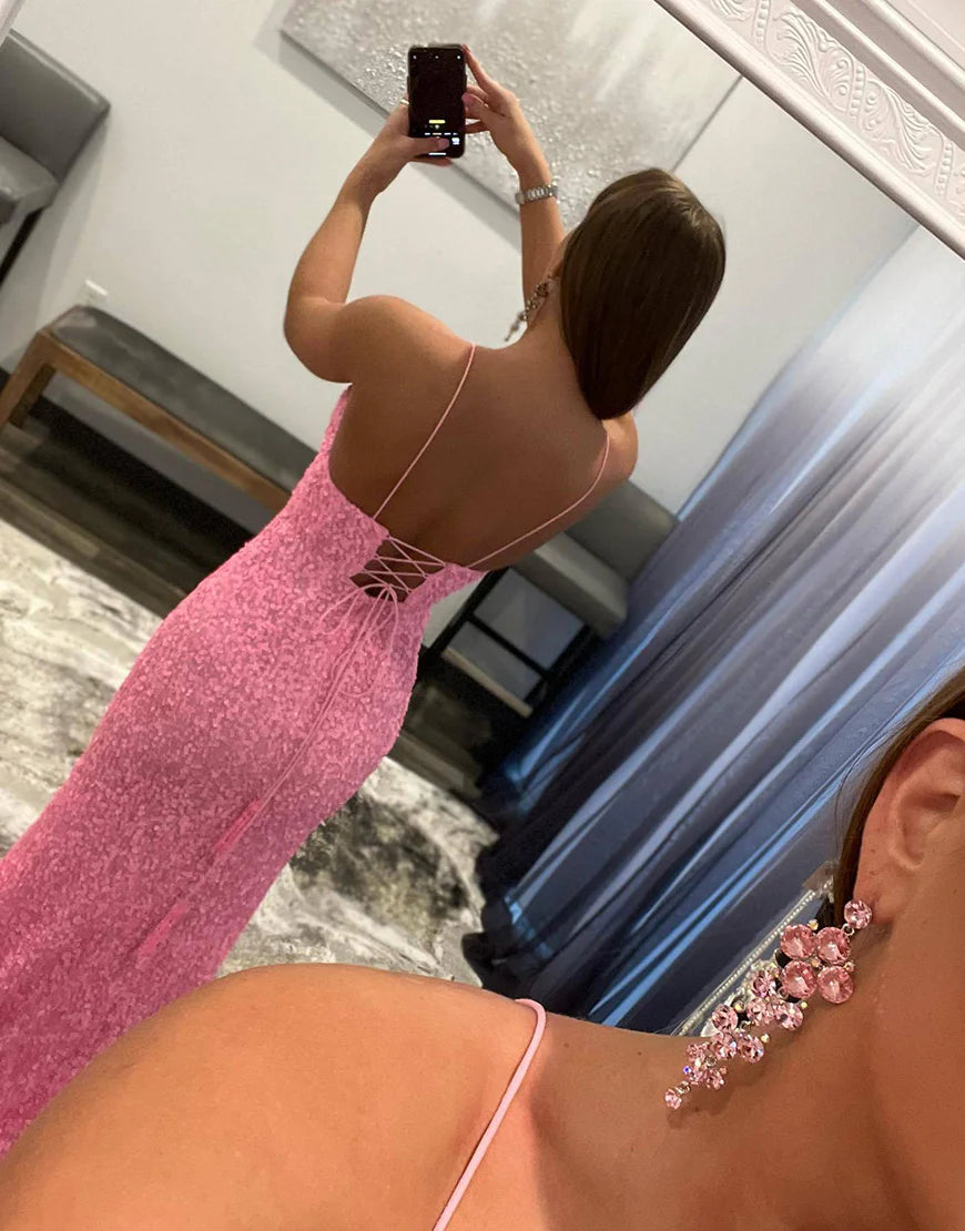 Sequins/Sparkling Pink V-Neck Long Prom Dress with Detachable Skirt